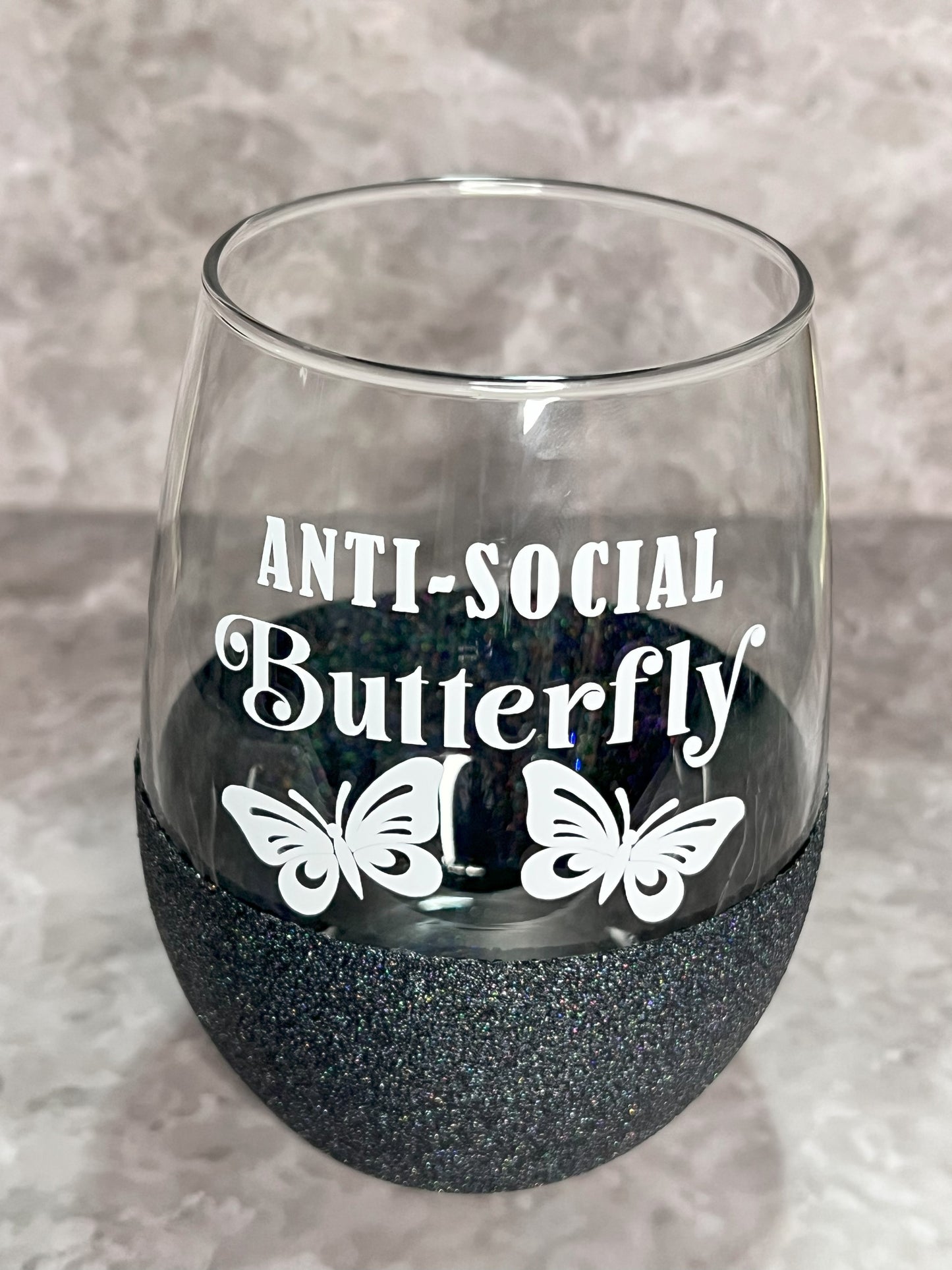 Anti-Social Butterfly Glitter Design - 20.5oz Wine Glass