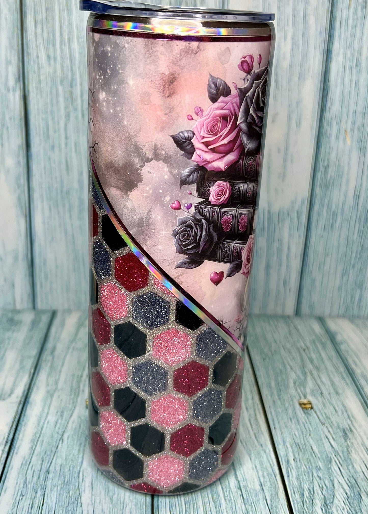 Custom Vinyl V-Split Books & Roses Glitter - 20oz Tumbler