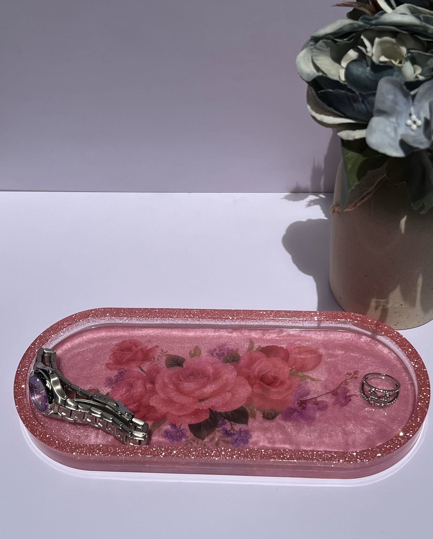 Glitter Jewelry Organizer Tray with Floral Design