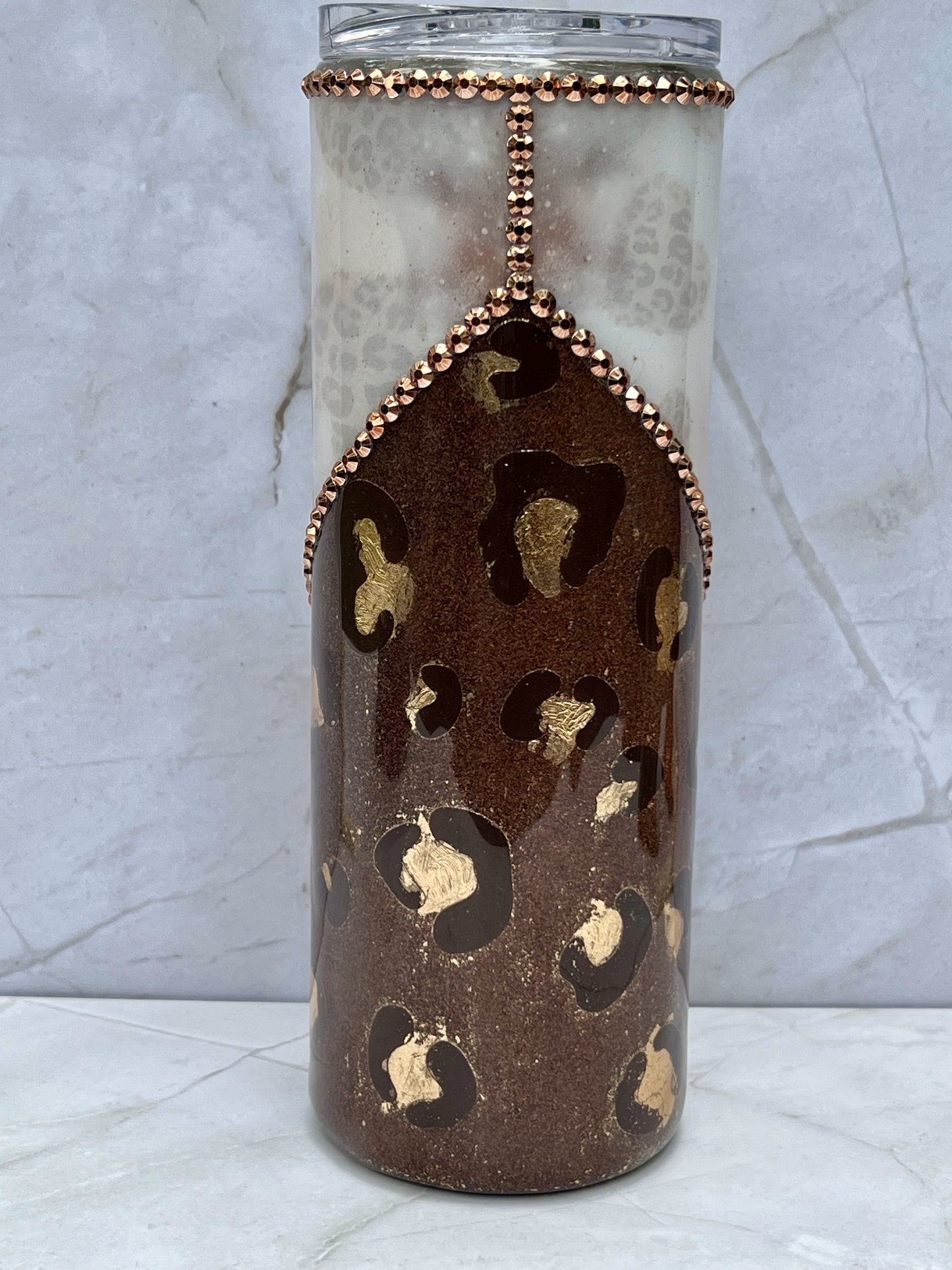 V-Split Leopard Print & Rhinestone - 20oz Straight Tumbler