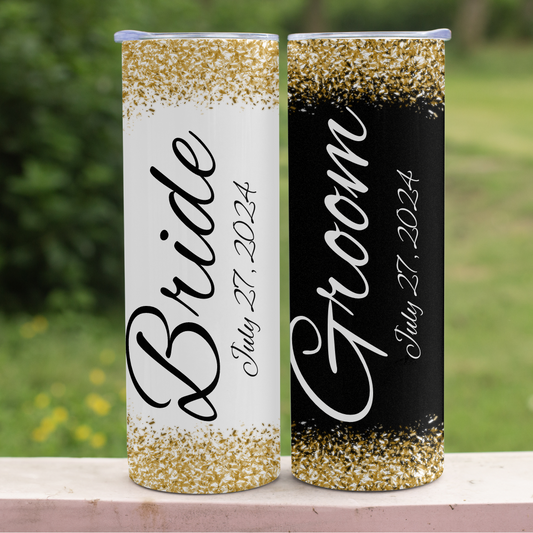 Black, White & Gold Wedding Tumbler Set - 20oz Skinny Tumbler