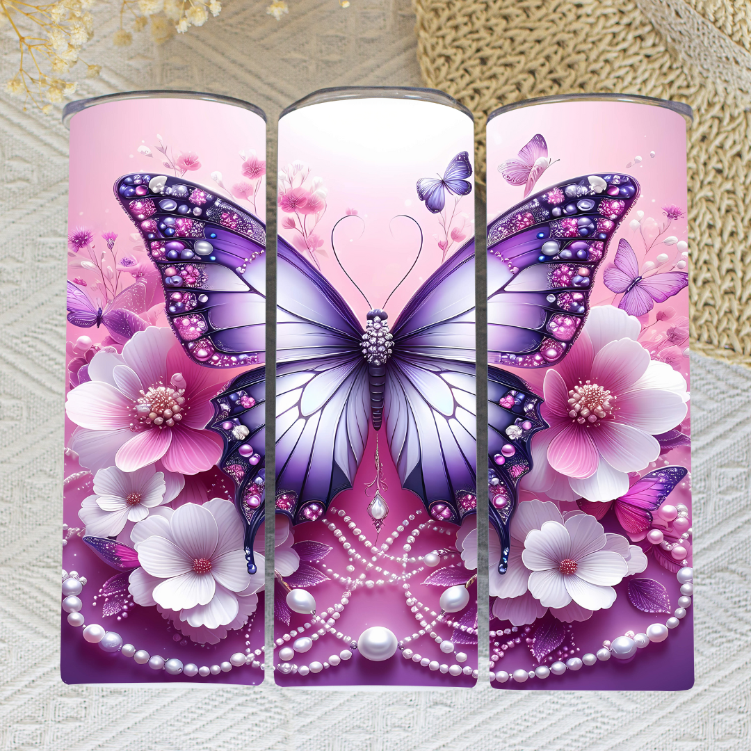 Purple Butterflies with Pearls - 20oz Skinny Tumbler (Personalization Available)