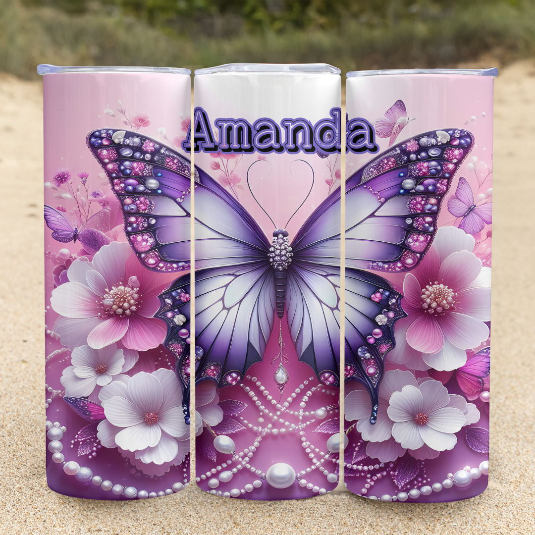 Purple Butterflies with Pearls - 20oz Skinny Tumbler (Personalization Available)