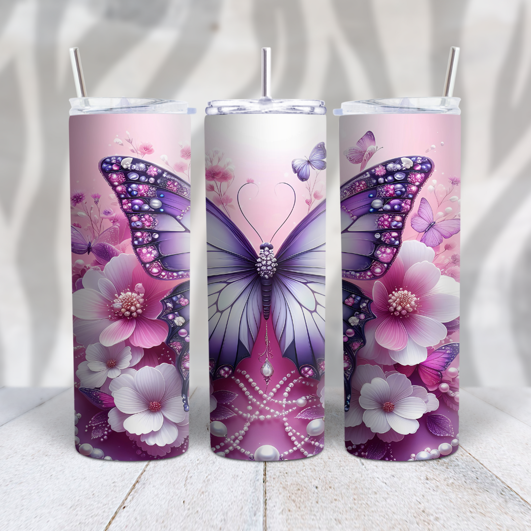 Purple Butterflies with Pearls - 20oz Skinny Tumbler (Personalization Available)