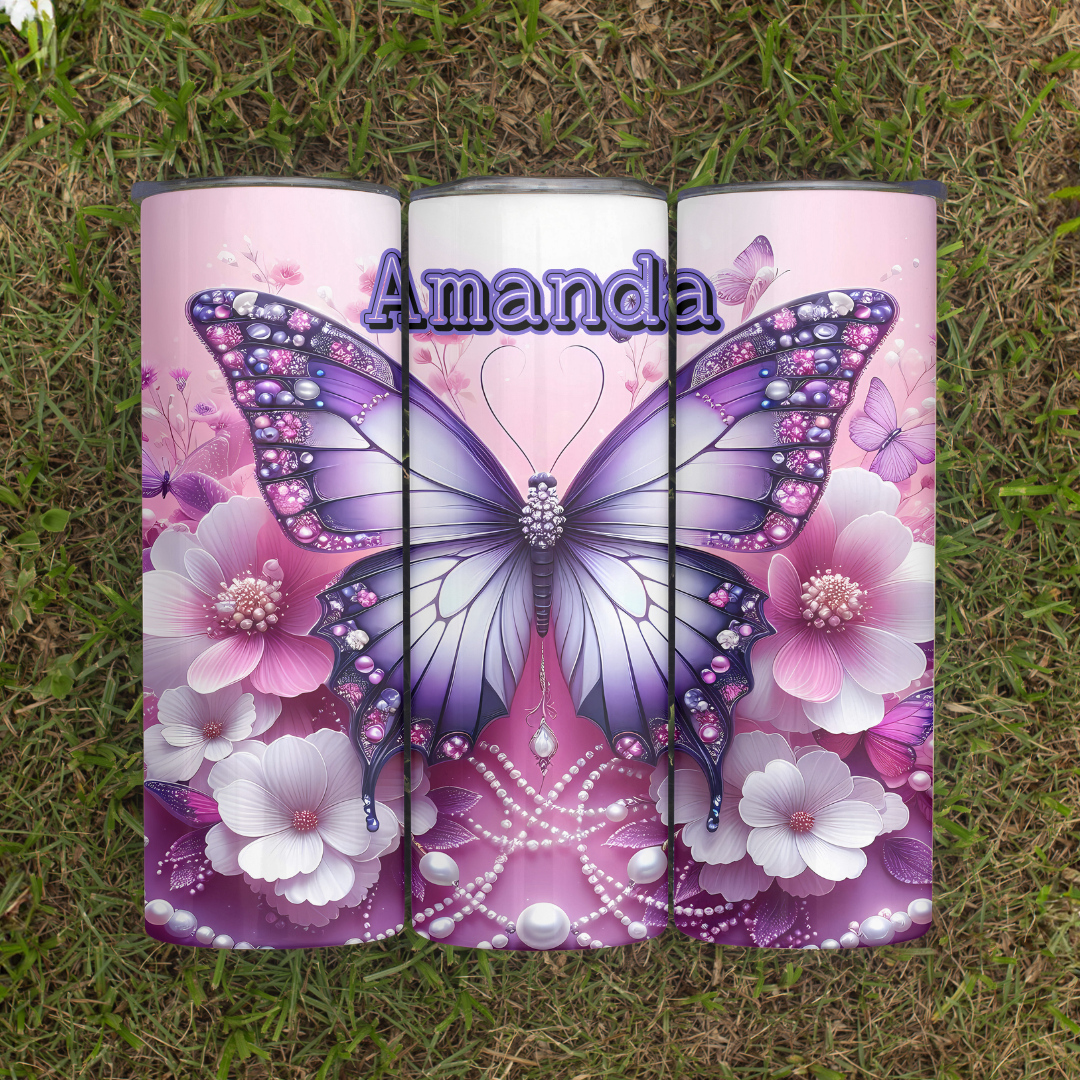 Purple Butterflies with Pearls - 20oz Skinny Tumbler (Personalization Available)