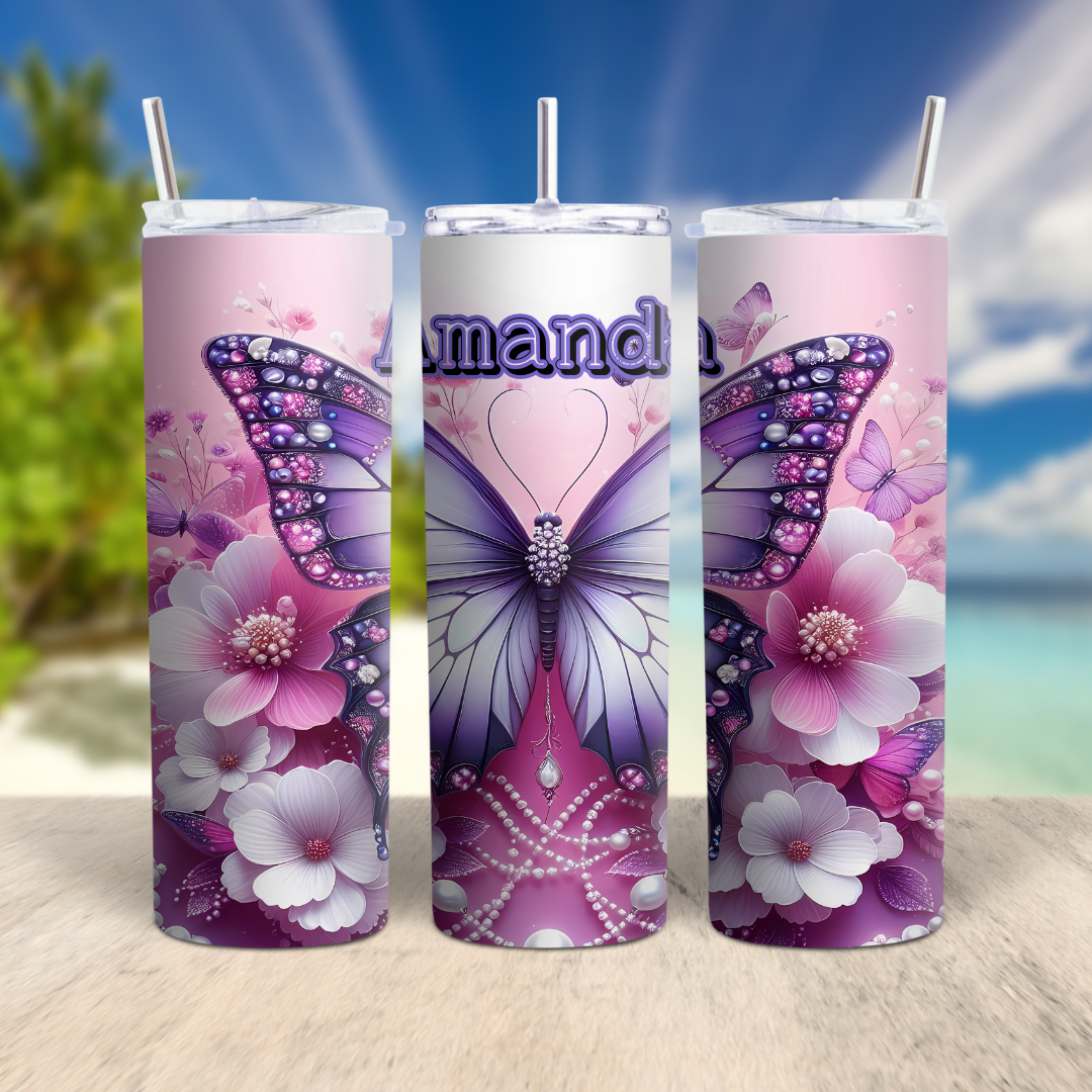 Purple Butterflies with Pearls - 20oz Skinny Tumbler (Personalization Available)