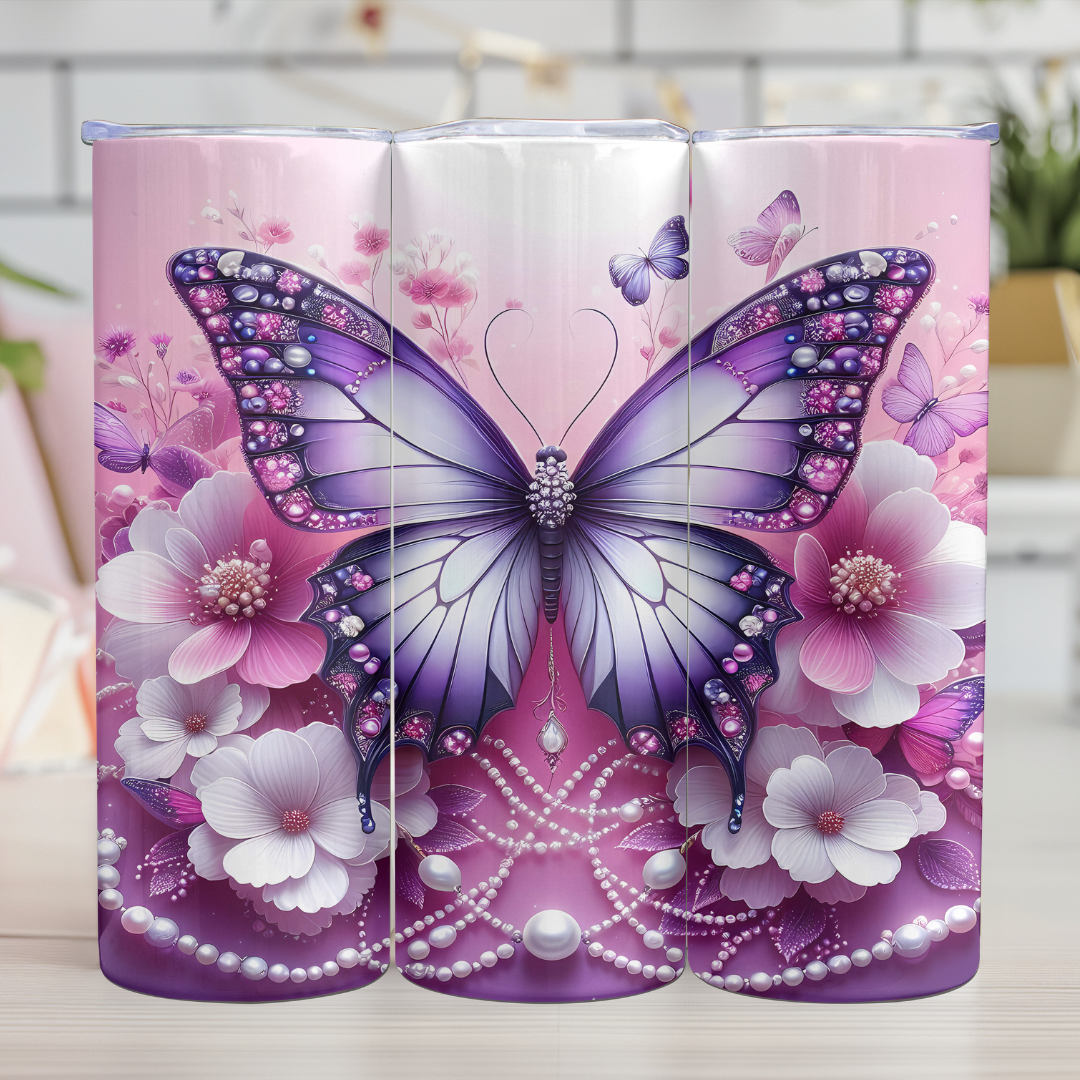 Purple Butterflies with Pearls - 20oz Skinny Tumbler (Personalization Available)