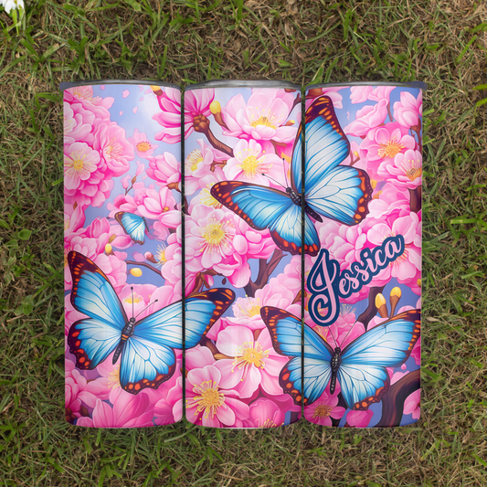 Butterflies with Pink Flowers - 20oz Skinny Tumbler (Personalization Available)