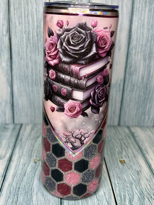 Custom Vinyl V-Split Books & Roses Glitter - 20oz Tumbler