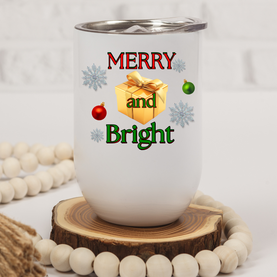 Merry and Bright Christmas(Present) - 12oz Wine Tumbler