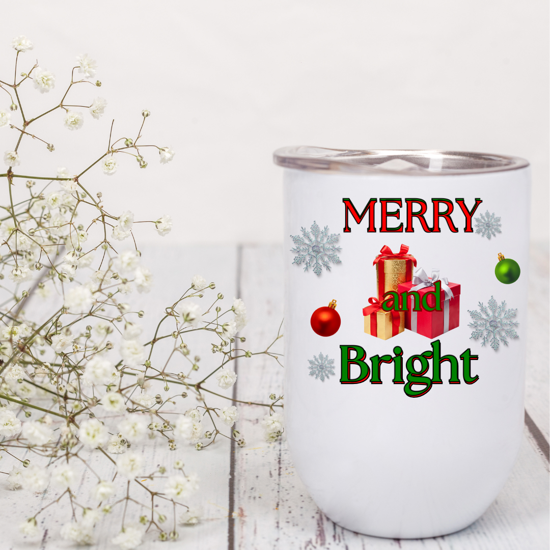 Merry and Bright Christmas(Present) - 12oz Wine Tumbler