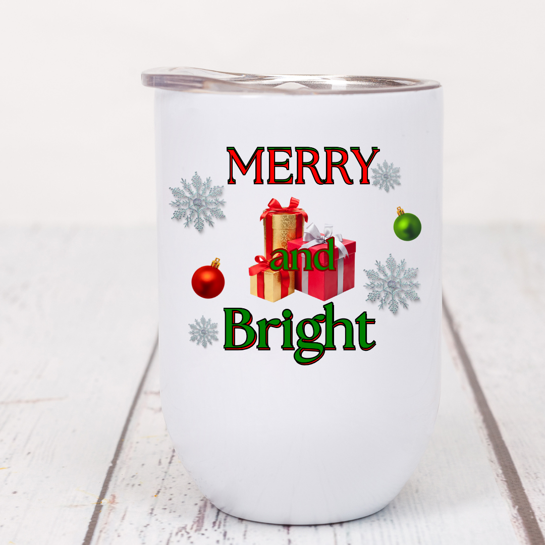 Merry and Bright Christmas(Present) - 12oz Wine Tumbler