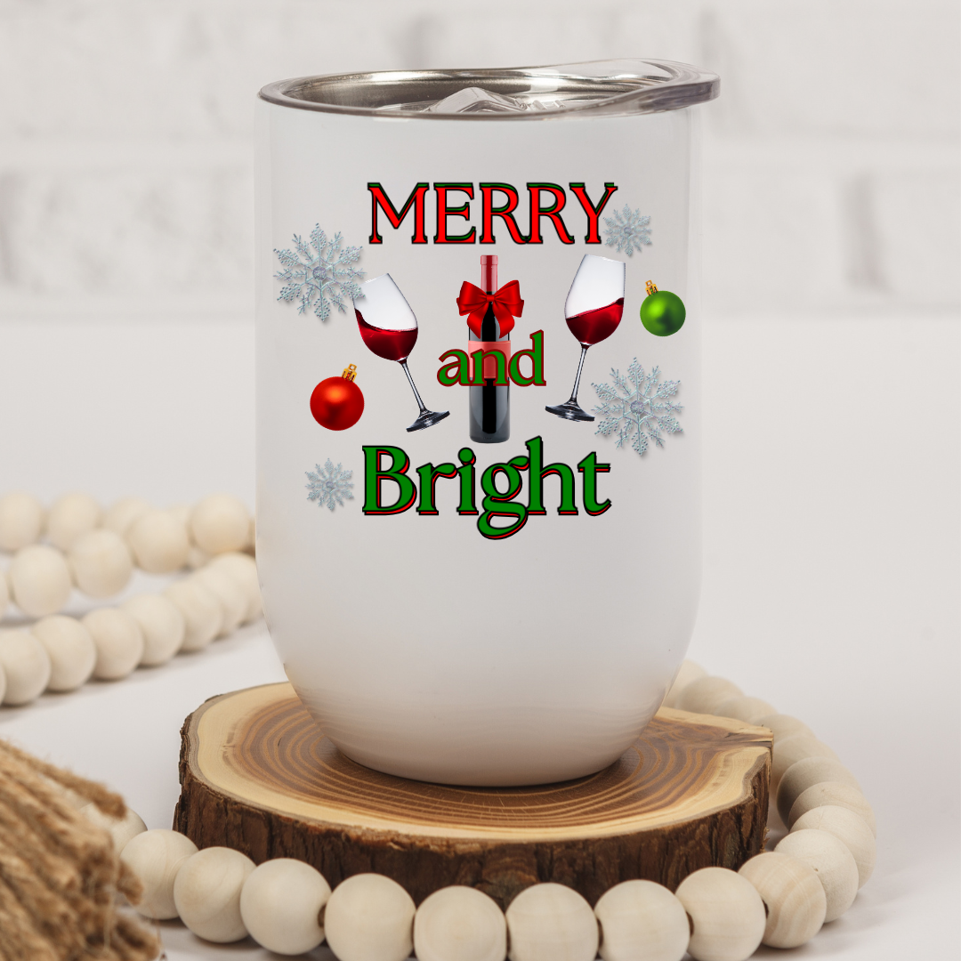 Merry and Bright Christmas(Wine) - 12oz Wine Tumbler