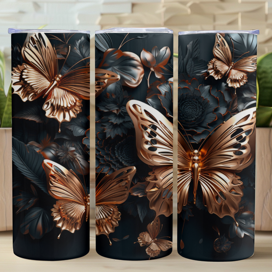 Golden Butterflies in Black Flowers - 20oz Skinny Tumbler