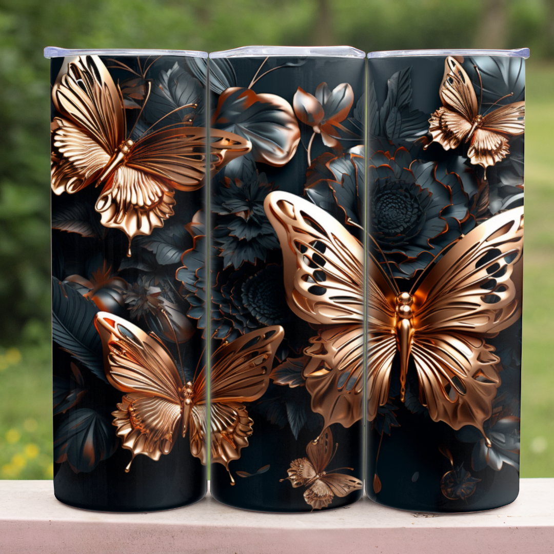 Golden Butterflies in Black Flowers - 20oz Skinny Tumbler