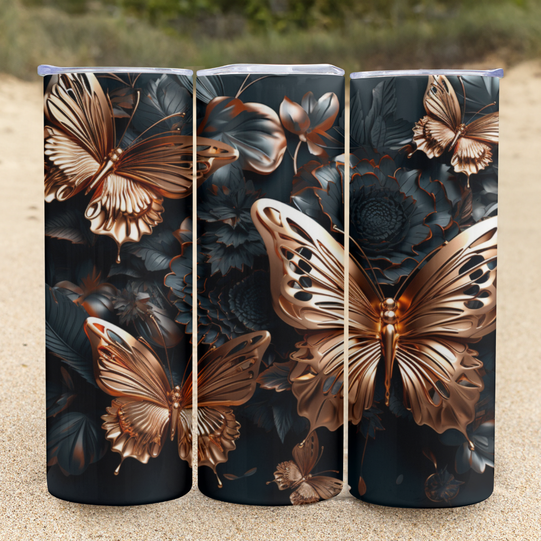 Golden Butterflies in Black Flowers - 20oz Skinny Tumbler