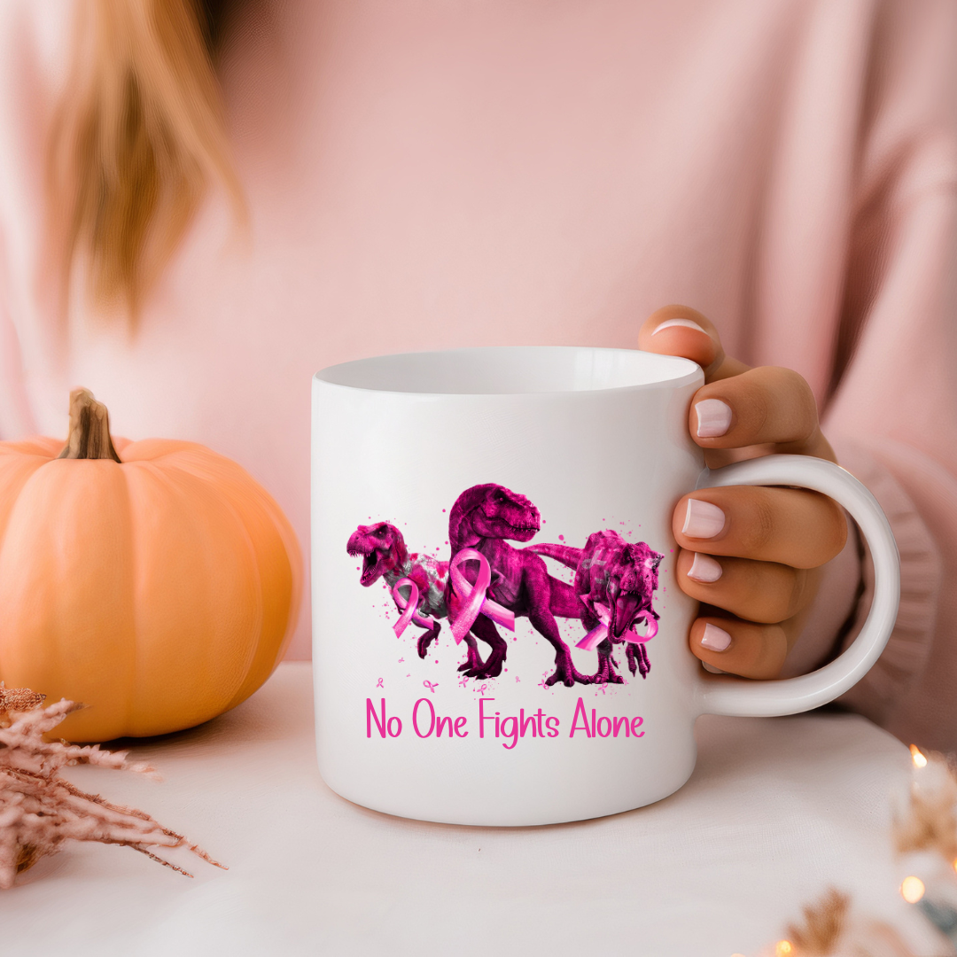 No One Fights Alone with Dinosaurs & Pink Ribbons | Breast Cancer Awareness - 15oz Ceramic Mug