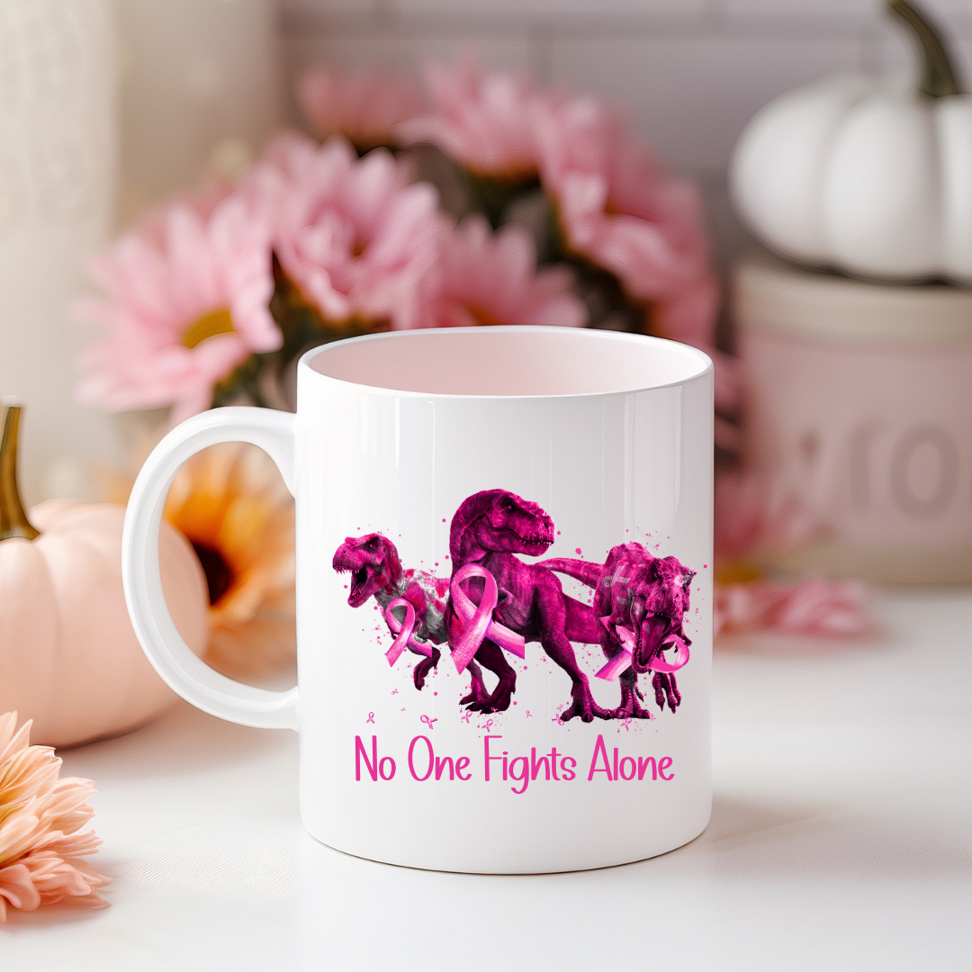 No One Fights Alone with Dinosaurs & Pink Ribbons | Breast Cancer Awareness - 15oz Ceramic Mug