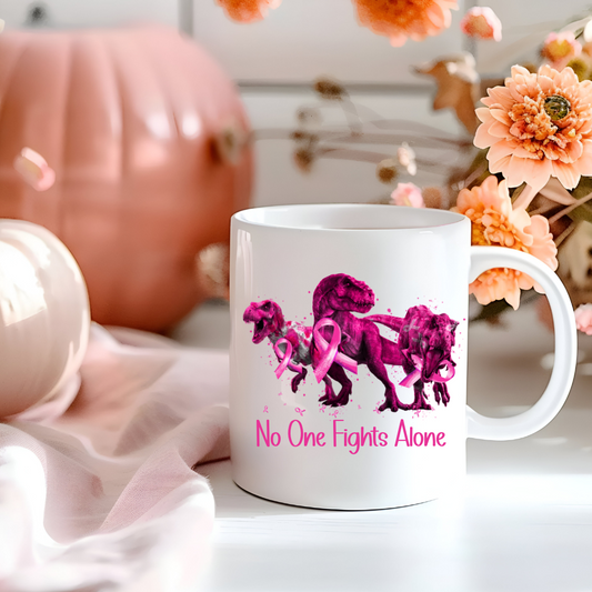 No One Fights Alone with Dinosaurs & Pink Ribbons | Breast Cancer Awareness - 15oz Ceramic Mug